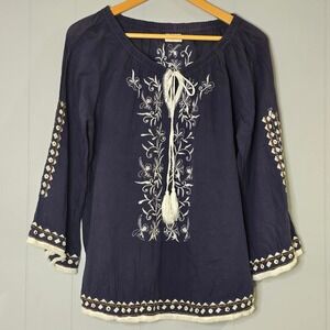 Boho Embroidered Tunic Peasant Navy Blue Cotton Bell Sleeve Tassels Resort Beach